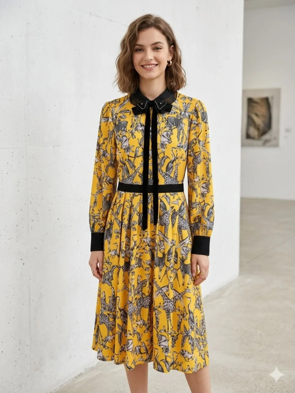 Retro Yellow Animal Safari Midi Dress Beaded Medium WhimsiGoth Academia THE MOON - Picture 16 of 16